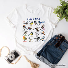 Load image into Gallery viewer, Whimsical Bird Tit T-Shirt, Funny Birdwatcher Tee Gift for Birder
