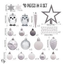 Load image into Gallery viewer, Winter Woodlands Large White and Silver Ornament Set of 90, Glittery Snow Owls, Cones, Snowflakes, and Stalactites
