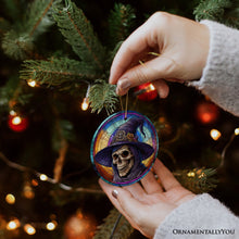 Load image into Gallery viewer, Witchy Grin Skull with Hat and Scarf Stained Glass Style Ceramic Ornament, Halloween Themed Christmas Gift and Decor
