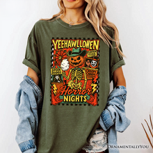 Cargar imagen en el visor de la galería, Yee Haw Halloween Retro Pumpkin Skeleton T-Shirt, Spooky Country Western Tee for Fall

