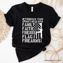 Load image into Gallery viewer, 5 Things You Don’t Mess With Dad T-Shirt, Black and White Patriotic Father Tee with Bold Statement
