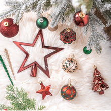 Load image into Gallery viewer, Alluring Large Christmas Ornament Set, Unique Red Green and Gold Baubles, 92 Charms and Snow Covered Trees with Dark Red Tree Topper

