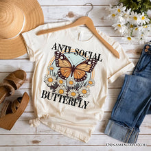 Carregar imagem no visualizador da galeria, Anti Social Butterfly T-Shirt, Retro White and Natural Tee for Quirky and Independent Women
