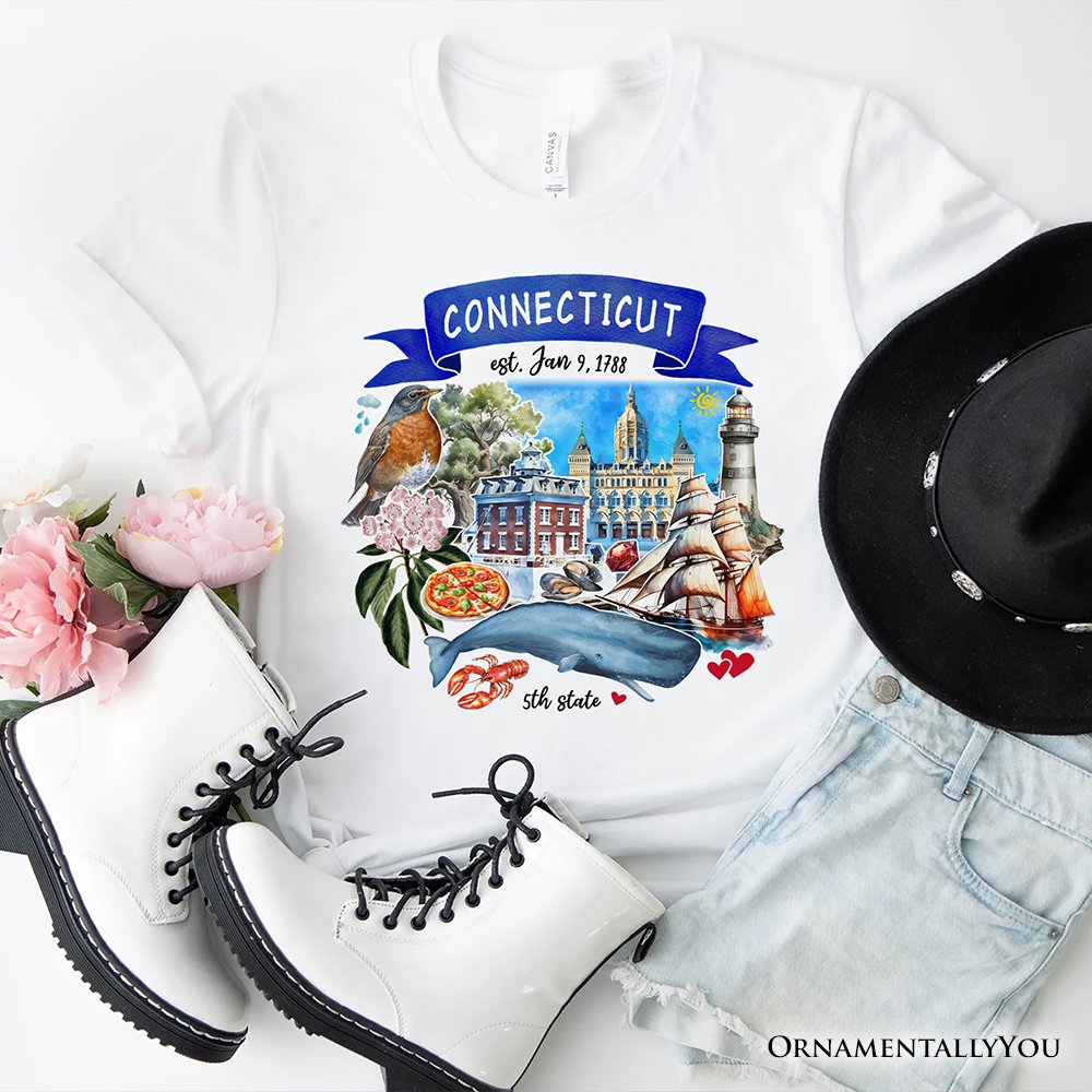 Artistic Connecticut State Themes and Landmarks T-Shirt, Tee for History and Travel Lovers