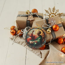 Carregar imagem no visualizador da galeria, Artistic Man With a Book in Renaissance Italy Painting Ornament, Stained Glass Themed Medieval Christmas Keepsake
