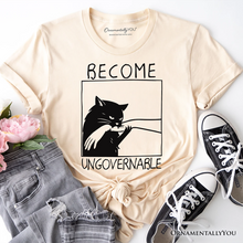 Load image into Gallery viewer, Become Ungovernable Black Cat T-Shirt, Bites Hand Humorous Meme Tee
