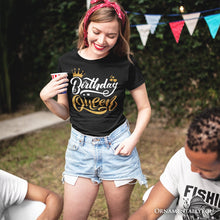 Carregar imagem no visualizador da galeria, Birthday Queen T-Shirt, Black Glam Party Tee for Stylish Women
