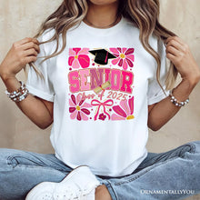 Carregar imagem no visualizador da galeria, Boho Senior 2025 T-Shirt, Pink Floral Graduation White Tee for Proud and Stylish Students
