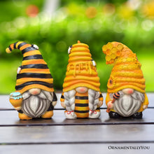 Load image into Gallery viewer, Buzzy Trio Set of Three Bumble Bee Gnome Figurines, 6&quot; Tiered Tray Home or Garden Decoration
