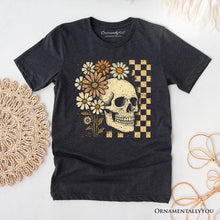 Cargar imagen en el visor de la galería, Checkered Floral Skeleton T-Shirt, Vintage Skull Daisy Halloween Tee
