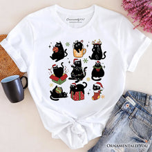 Cargar imagen en el visor de la galería, Christmas Black Cats T‑Shirt, Whimsical Cats with Santa Hat Tee
