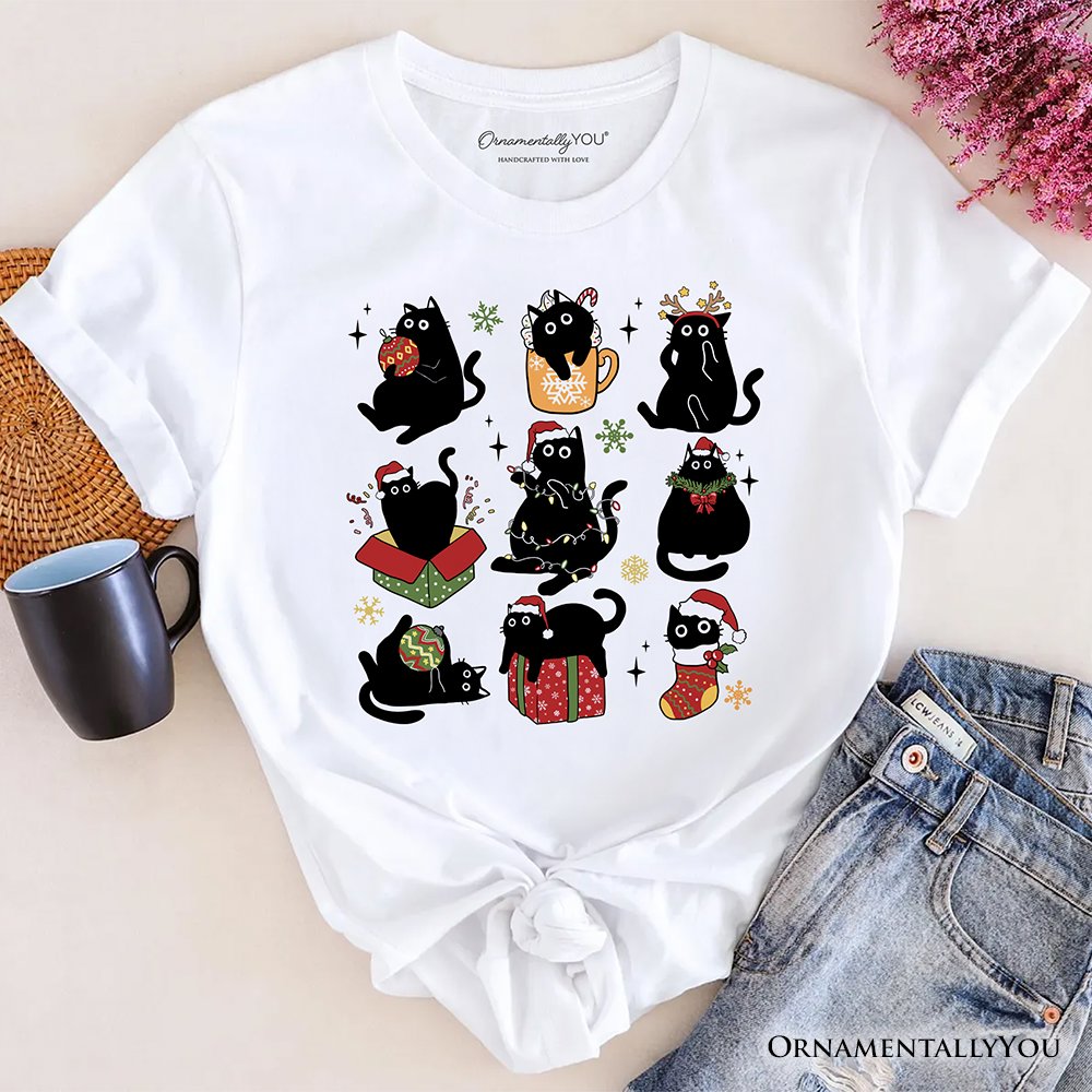 Christmas Black Cats T‑Shirt, Whimsical Cats with Santa Hat Tee