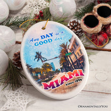 Cargar imagen en el visor de la galería, Classic Miami Living Stroll Through Paradise Ornament, Scenic Ocean Drive Artwork Souvenir
