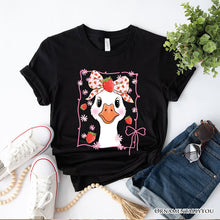 Carregar imagem no visualizador da galeria, Coquette Goose with Strawberry Bow T-Shirt, Navy, Black and White Cute Tee
