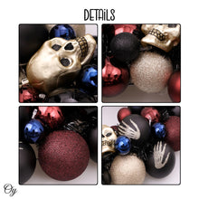 Load image into Gallery viewer, Creep and Glitter Spooky Wreath with Skeleton Skull Baubles, Black, Maroon and Gold Colors with Shiny Glitter
