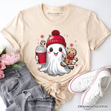Load image into Gallery viewer, Cute Ghost Christmas T‑Shirt, Adorable Gingerbread and Cocoa Holiday Tee
