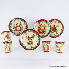 Load image into Gallery viewer, Festive Country Plaid Set of 4 Ceramic Mugs with Real Gold Trim, Christmas Kitchen Coffee Cup Gift with Santa, Cardinal, Deer, and Snowman
