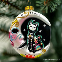Carregar imagem no visualizador da galeria, Folkloric Siamese Cat Sugar Skull Glass Ornament, Celestial Crescent Moon Halloween Decor
