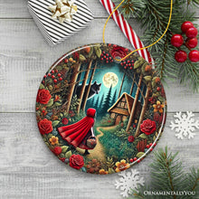 Carregar imagem no visualizador da galeria, Folksy Sly Wolf and Red Riding Hood Ornament, Mystic Woodland Fantasy Holiday Decoration
