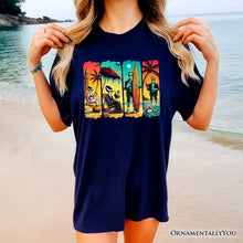 Carregar imagem no visualizador da galeria, Frankenstein&#39;s Beach Vacation T-Shirt, Retro Neon Surf Style Tee for Horror Fans with Summer Vibes
