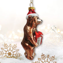 Load image into Gallery viewer, Grizzly Bear with Santa Hat and Gift Glass Christmas Ornament
