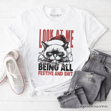 Carregar imagem no visualizador da galeria, Grumpy Christmas Cat T‑Shirt, Funny Santa Hat Holiday Lights Tee for Sarcastic Festive People
