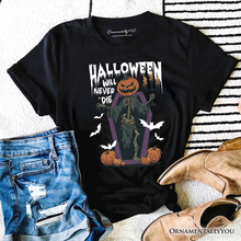 Cargar imagen en el visor de la galería, Halloween Will Never Die T-Shirt, Vintage Pumpkin Coffin Skeleton Tee
