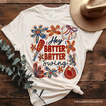 Carregar imagem no visualizador da galeria, Hey Batter Batter Swing T-Shirt, Retro White and Natural Baseball Tee with Floral Accents
