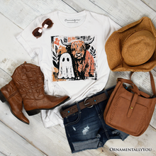 Load image into Gallery viewer, Highland Cow Ghost Fall T-Shirt, Spooky Season Halloween Tee
