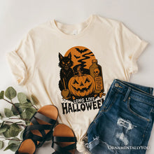 Load image into Gallery viewer, Long Live Halloween T-Shirt, Retro Black Cat Pumpkin Tee for Horror Fans

