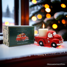 Load image into Gallery viewer, Red Truck with Santa Christmas Candle, Ceramic and Scented with an Invigorating Lemon Basil Fragrance
