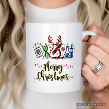 Carregar imagem no visualizador da galeria, Personalized Mug Science Buffalo Plaid Christmas, Gift for Scientist or Researcher, Lab Tools like Flasks and Microscope

