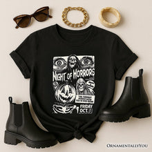 Load image into Gallery viewer, Night of Horrors Retro Halloween T-Shirt, Vintage Poster Tee for Spooky Season Fans
