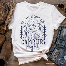 Carregar imagem no visualizador da galeria, No City Lights Just Campfire Nights T-Shirt, White and Natural Camping Tee for Stargazing Campers
