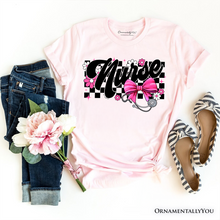Cargar imagen en el visor de la galería, Nurse Floral Coquette Pink Bow T-Shirt, Retro Stethoscope Checkered Tee
