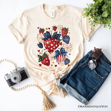 Carregar imagem no visualizador da galeria, Patriotic Boho Strawberries Bouquet T-Shirt, 4th of July Festive Patch Tee
