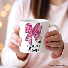 Carregar imagem no visualizador da galeria, Pencil Coquette Teacher Bow Personalized Mug, Cute Appreciation Present, Back To School Gift With Custom Name
