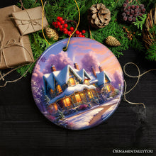 Carregar imagem no visualizador da galeria, Picturesque Snowy Evening House Illustration Christmas Ornament, Peaceful Holiday Home Decoration
