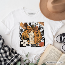 Load image into Gallery viewer, Pumpkin Fall Floral T-Shirt, Thanksgiving Coquette Bow Tee

