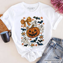 Carregar imagem no visualizador da galeria, Pumpkin Ghosts Coquette Bow T-Shirt, Retro Fall Spooky Tee for Cute Trick-or-Treaters
