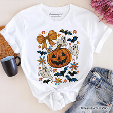 Cargar imagen en el visor de la galería, Pumpkin Ghosts Coquette Bow T-Shirt, Retro Fall Spooky Tee for Cute Trick-or-Treaters
