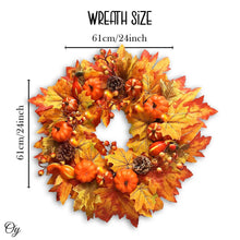 Load image into Gallery viewer, Rustic Harvest Illuminated 24&quot; Fall Wreath, Lighted with Maple Leafs, Pinecones, Pumpkins and Autumn Berries
