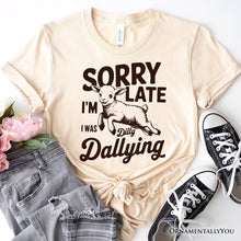 Carregar imagem no visualizador da galeria, Sorry I&#39;m Late Funny Lamb T-Shirt, Retro Dilly Dallying White and Natural Tee for Quirky Women
