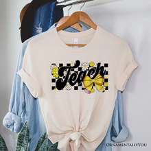 Load image into Gallery viewer, Teach Checkered Coquette Bow T-Shirt, White and Natural Retro Tee for Trendy Teachers

