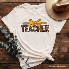 Load image into Gallery viewer, Teacher Leopard Pencil T-Shirt, Coquette Bow Retro Classroom Tee for Educators
