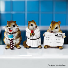 Load image into Gallery viewer, Whimsical Chipmunk Trio Set of Three Figurines, 5&quot; Cute Desk Decor and Garden Statues
