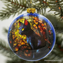 Load image into Gallery viewer, Witch and Black Cat Stained Glass Handblown Ornament, Spooky Halloween and Christmas Tree Decor
