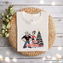 Load image into Gallery viewer, Ahoy! It&#39;s Christmus! Popeye and Olive T-Shirt, Vintage Sailor Tee for Christmas Time
