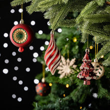 Load image into Gallery viewer, Alluring Large Christmas Ornament Set, Unique Red Green and Gold Baubles, 92 Charms and Snow Covered Trees with Dark Red Tree Topper
