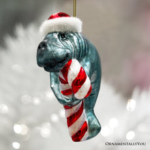 Load image into Gallery viewer, (Pre-Order) Aquatic Manatee Glass Christmas Ornament, Sea Cow Coastal Ocean Animal Holiday Decoration
